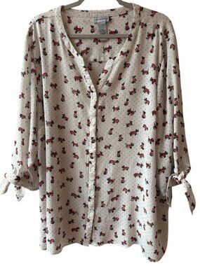 2X 22/24W Catherines Scotty Scottie Dog Print White 3/4 Length Sleeve V Neck